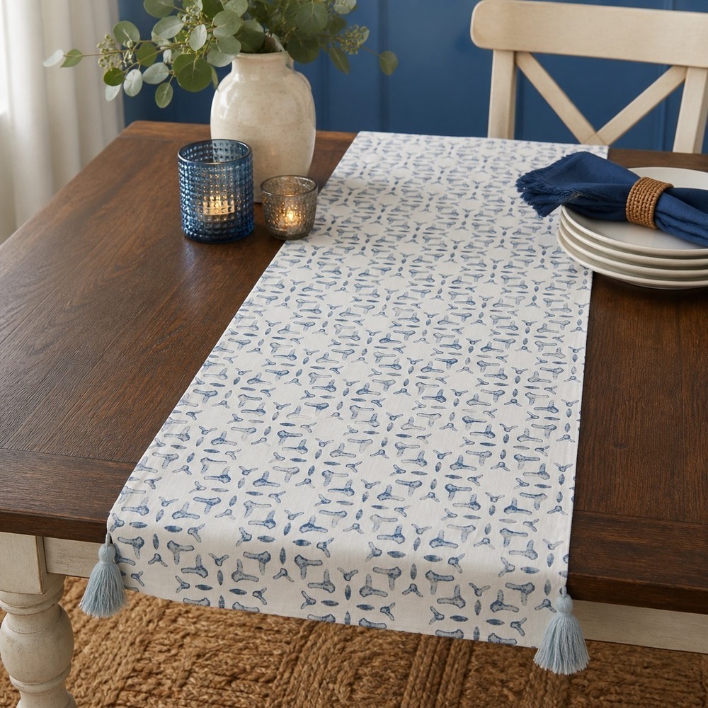 Threshold Cotton Table Runner Tassels Blue Coastal Farmhouse Decor (13.5" X 65")